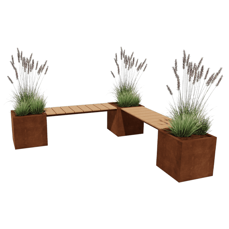 Corten čelik tegla za cvijeće - Kvadrat - Kutni raspored - 221,2 x 221,2 x 50 cm - S klupicom